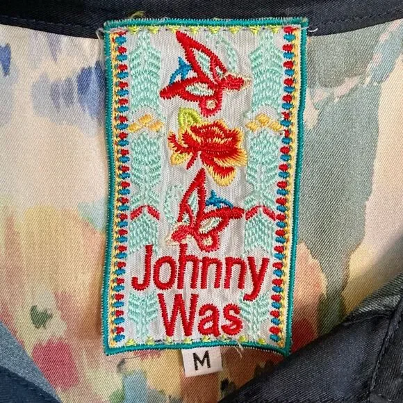 SOLD Johnny Was Malani 100% Silk Floral Print Long Kimono Tunic Navy Blue Size M - Picture 14 of 16